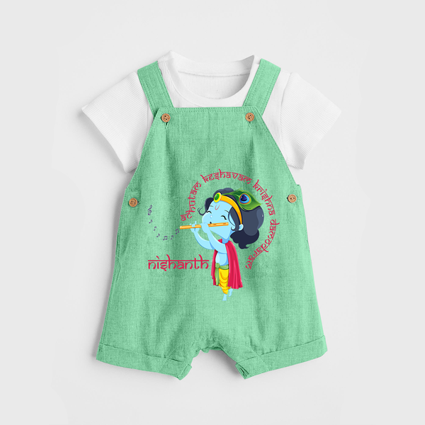 Achyutam Keshavam Krishna Damodaram Dungaree Set | Personalized Baby Dungaree Set for Krishna Fans - GREEN - 0 - 5 Months Old (Chest 18")