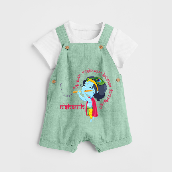 Achyutam Keshavam Krishna Damodaram Dungaree Set | Personalized Baby Dungaree Set for Krishna Fans - MINT GREEN - 0 - 5 Months Old (Chest 18")