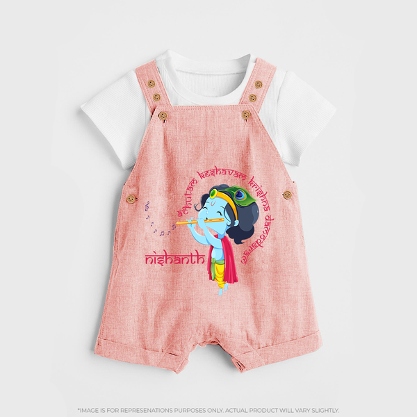 Achyutam Keshavam Krishna Damodaram Dungaree Set | Personalized Baby Dungaree Set for Krishna Fans - PEACH - 0 - 5 Months Old (Chest 18")