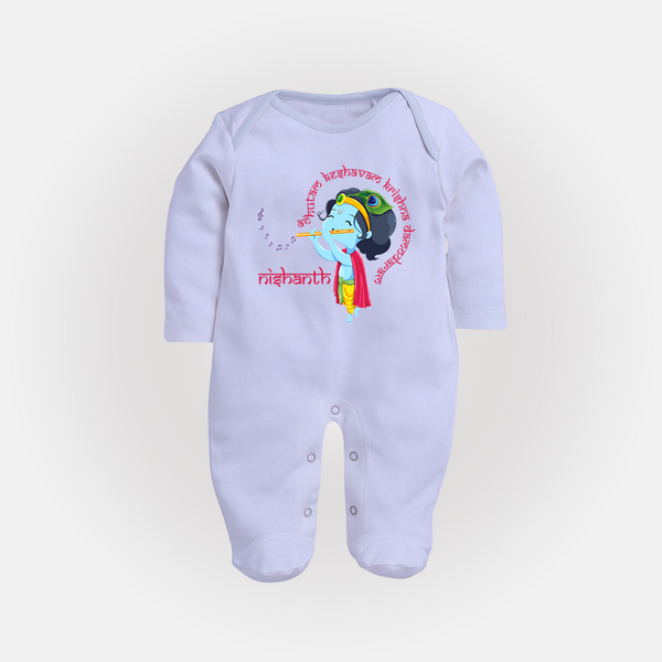 Achyutam Keshavam Krishna Damodaram Sleep Suit | Personalized Baby Sleep Suit for Krishna Fans - BABY BLUE - New Born (Chest 7.5")