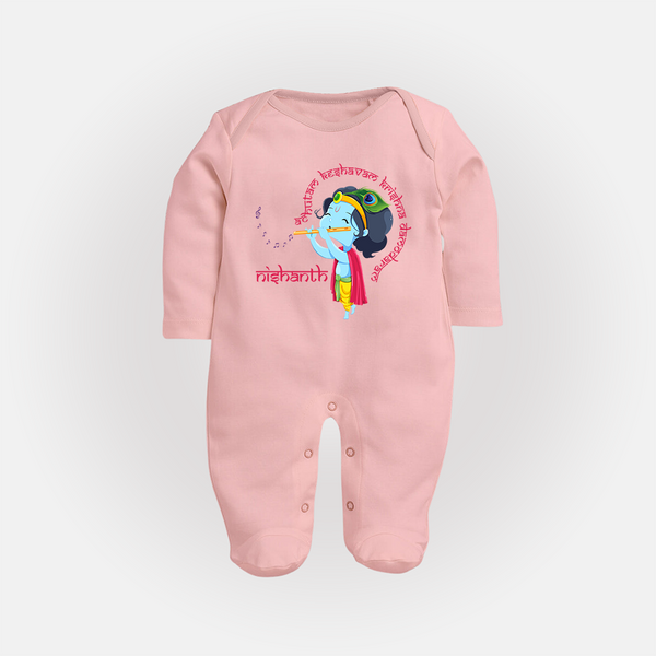 Achyutam Keshavam Krishna Damodaram Sleep Suit | Personalized Baby Sleep Suit for Krishna Fans - BABY PINK - New Born (Chest 7.5")
