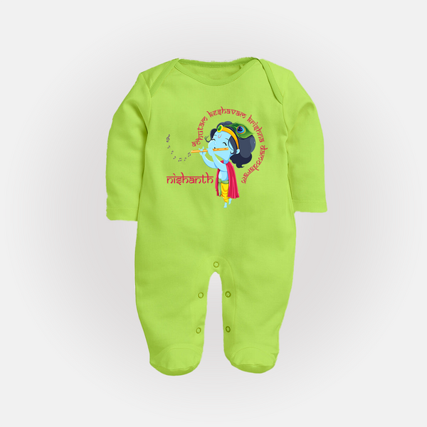 Achyutam Keshavam Krishna Damodaram Sleep Suit | Personalized Baby Sleep Suit for Krishna Fans - LIME GREEN - New Born (Chest 7.5")