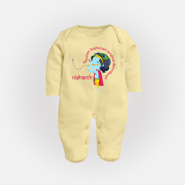 Achyutam Keshavam Krishna Damodaram Sleep Suit | Personalized Baby Sleep Suit for Krishna Fans - PASTEL YELLOW - New Born (Chest 7.5")
