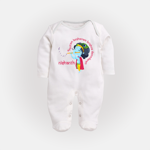 Achyutam Keshavam Krishna Damodaram Sleep Suit | Personalized Baby Sleep Suit for Krishna Fans - WHITE - New Born (Chest 7.5")