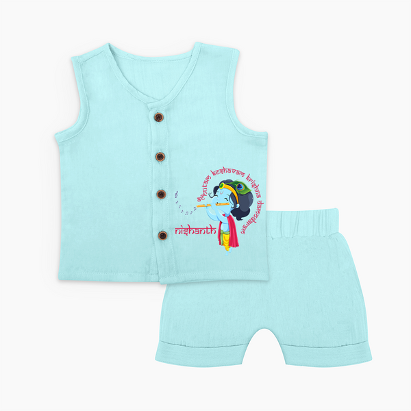 Achyutam Keshavam Krishna Damodaram Jabla Set | Personalized Baby Jabla Set for Krishna Fans - BABY BLUE - 0 - 3 Months Old (Chest 9.8")