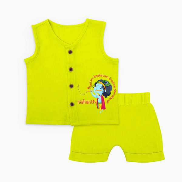 Achyutam Keshavam Krishna Damodaram Jabla Set | Personalized Baby Jabla Set for Krishna Fans - LIME GREEN - 0 - 3 Months Old (Chest 9.8")