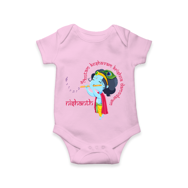 Achyutam Keshavam Krishna Damodaram Romper | Personalized Baby Romper for Krishna Fans - BABY PINK - New Born (Chest 14")