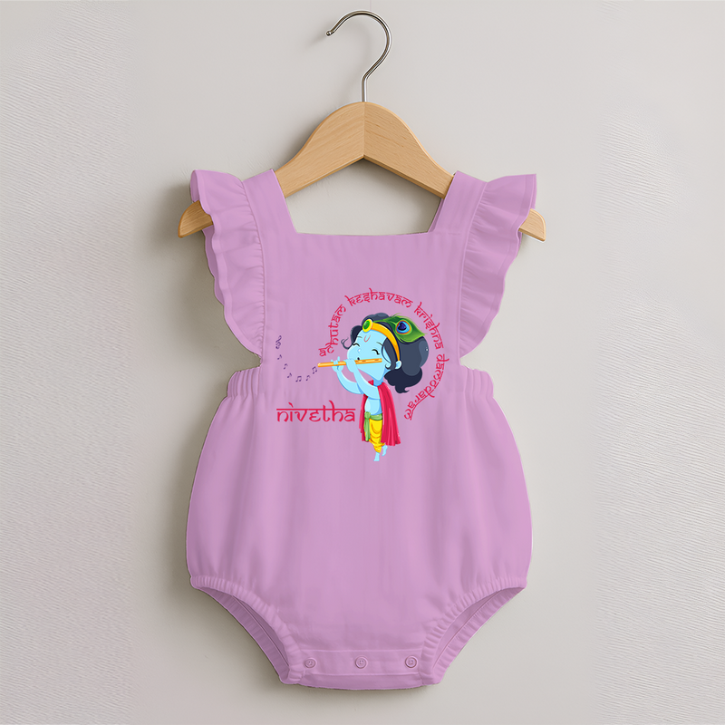 Achyutam Keshavam Krishna Damodaram Romper Frock | Personalized Baby Romper Frock for Krishna Fans - BABY PINK - 0 - 3 Months Old (Chest 19")
