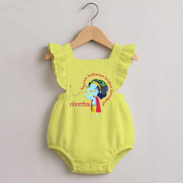 Achyutam Keshavam Krishna Damodaram Romper Frock | Personalized Baby Romper Frock for Krishna Fans - PASTEL YELLOW - 0 - 3 Months Old (Chest 19")