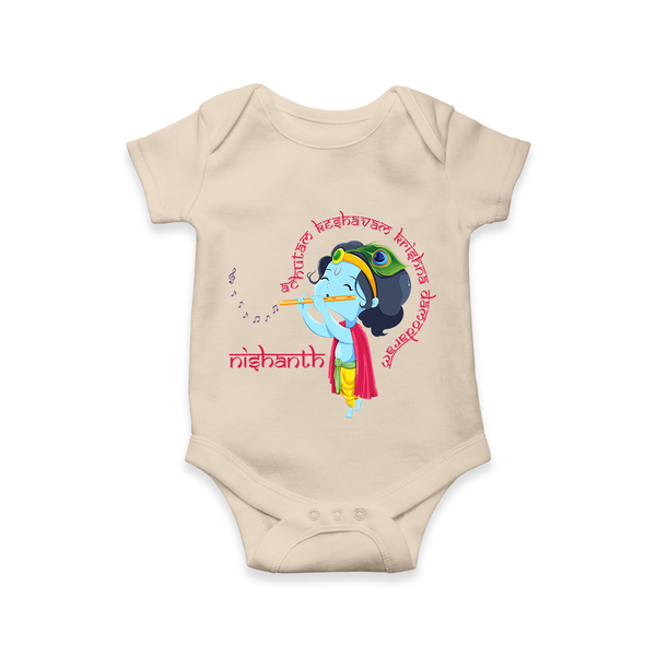 Achyutam Keshavam Krishna Damodaram Romper | Personalized Baby Romper for Krishna Fans - IVORY - New Born (Chest 14")