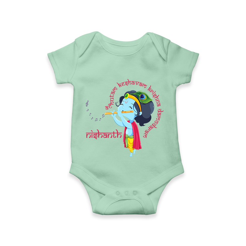 Achyutam Keshavam Krishna Damodaram Romper | Personalized Baby Romper for Krishna Fans - MINT GREEN - New Born (Chest 14")