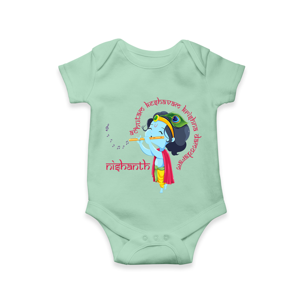 Achyutam Keshavam Krishna Damodaram Romper | Personalized Baby Romper for Krishna Fans - MINT GREEN - New Born (Chest 14")