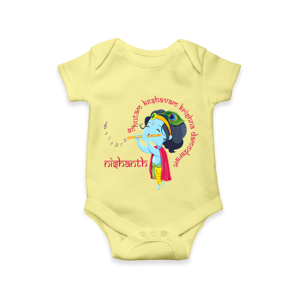 Achyutam Keshavam Krishna Damodaram Romper | Personalized Baby Romper for Krishna Fans - PASTEL YELLOW - New Born (Chest 14")