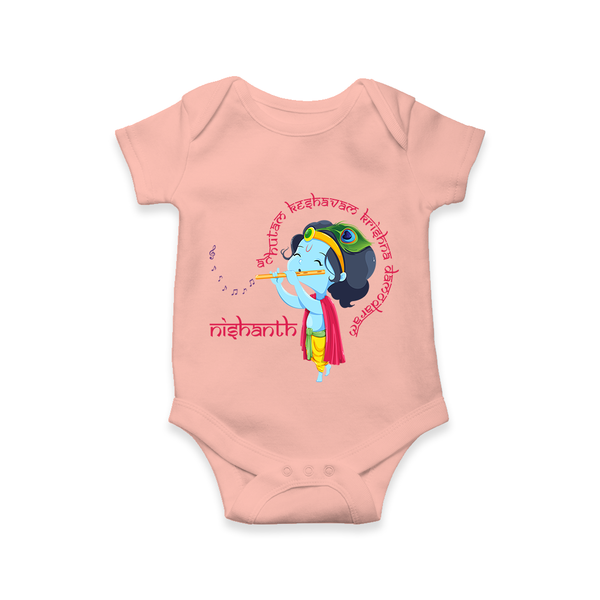 Achyutam Keshavam Krishna Damodaram Romper | Personalized Baby Romper for Krishna Fans - PEACH - New Born (Chest 14")