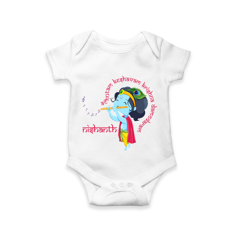 Achyutam Keshavam Krishna Damodaram Romper | Personalized Baby Romper for Krishna Fans - WHITE - New Born (Chest 14")
