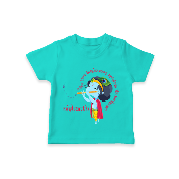 Achyutam Keshavam Krishna Damodaram T-Shirt | Personalized Baby T-Shirt for Krishna Fans - TEAL - 0-5 Months Old (Chest 17")