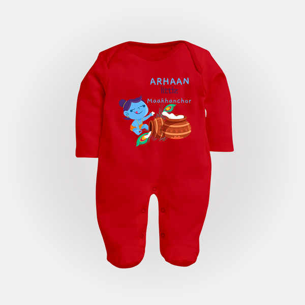 Little Butter Thief Sleep Suit | Personalized Baby Sleep Suit for Krishna Lovers - RED - New Born (Chest 7.5")