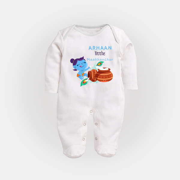 Little Butter Thief Sleep Suit | Personalized Baby Sleep Suit for Krishna Lovers - WHITE - New Born (Chest 7.5")