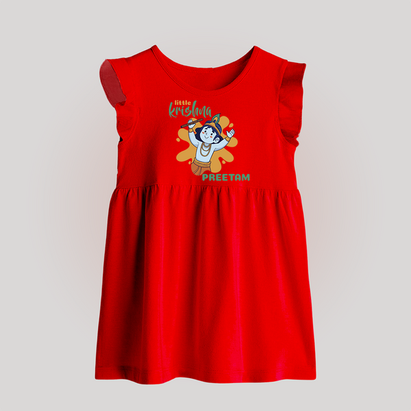Little Krishna Baby Frock | Personalized Baby Frock for Krishna Devotees - RED - 0 - 3 Months Old (Chest 17")