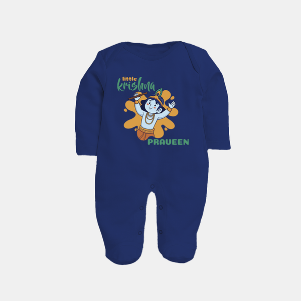 Little Krishna Sleep Suit | Personalized Baby Sleep Suit for Krishna Devotees - NAVY BLUE - New Born (Chest 7.5")
