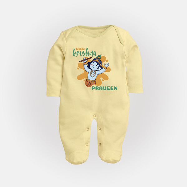 Little Krishna Sleep Suit | Personalized Baby Sleep Suit for Krishna Devotees - PASTEL YELLOW - New Born (Chest 7.5")