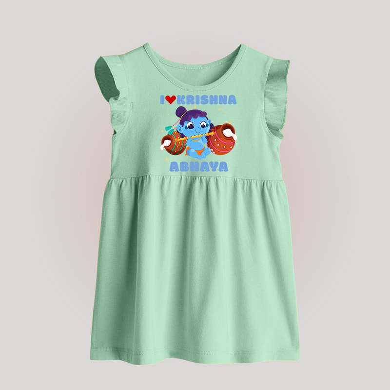 I Love Krishna Baby Frock | Custom Baby Frock for Krishna Fans - MINT GREEN - 0 - 3 Months Old (Chest 17")