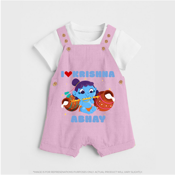 I Love Krishna Dungaree Set | Custom Baby Dungaree Set for Krishna Fans - BABY PINK - 0 - 5 Months Old (Chest 18")