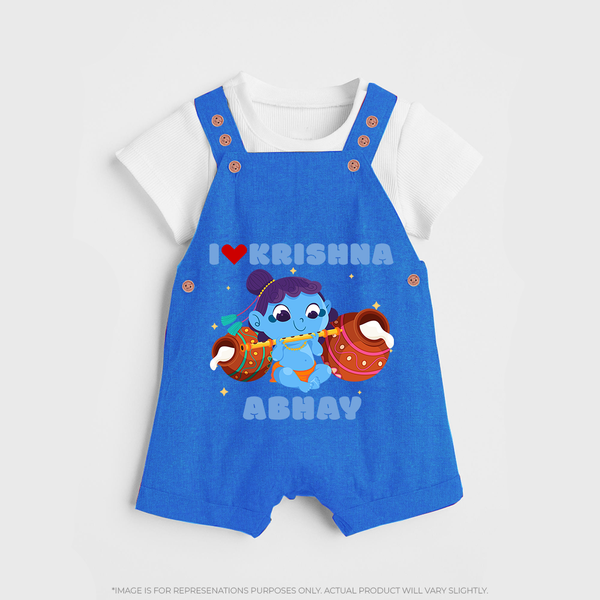 I Love Krishna Dungaree Set | Custom Baby Dungaree Set for Krishna Fans - COBALT BLUE - 0 - 5 Months Old (Chest 18")