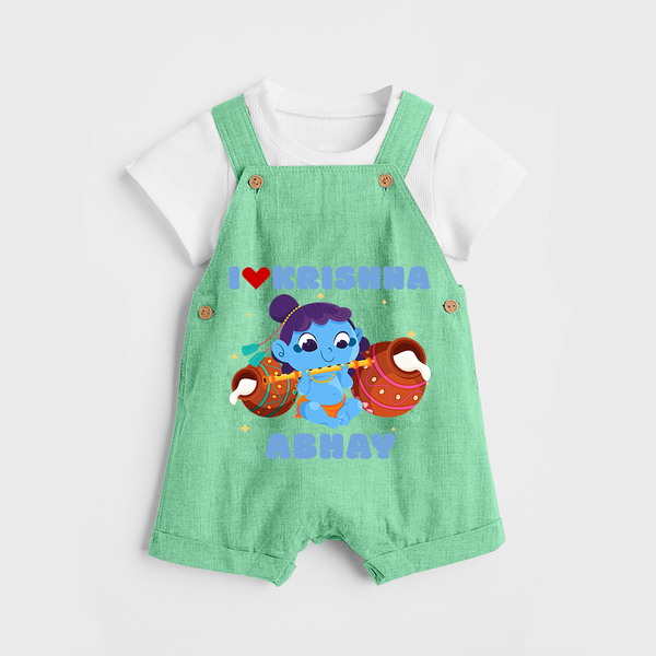 I Love Krishna Dungaree Set | Custom Baby Dungaree Set for Krishna Fans - GREEN - 0 - 5 Months Old (Chest 18")