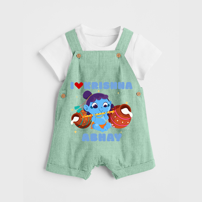 I Love Krishna Dungaree Set | Custom Baby Dungaree Set for Krishna Fans - MINT GREEN - 0 - 5 Months Old (Chest 18")
