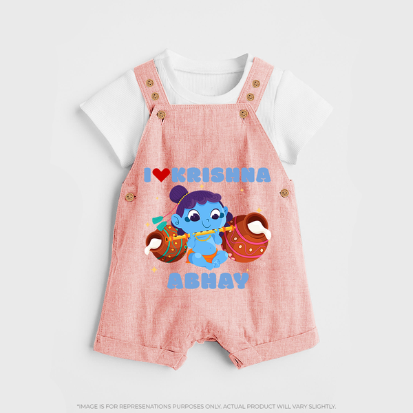 I Love Krishna Dungaree Set | Custom Baby Dungaree Set for Krishna Fans - PEACH - 0 - 5 Months Old (Chest 18")