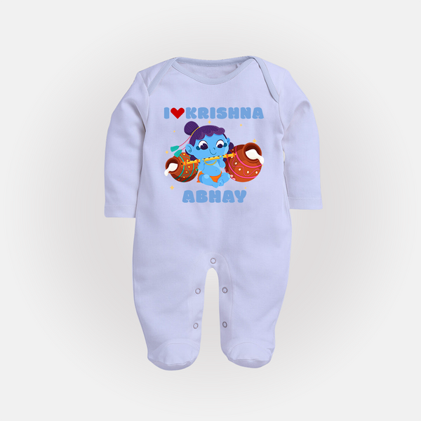 I Love Krishna Sleep Suit | Custom Baby Sleep Suit for Krishna Fans - BABY BLUE - New Born (Chest 7.5")