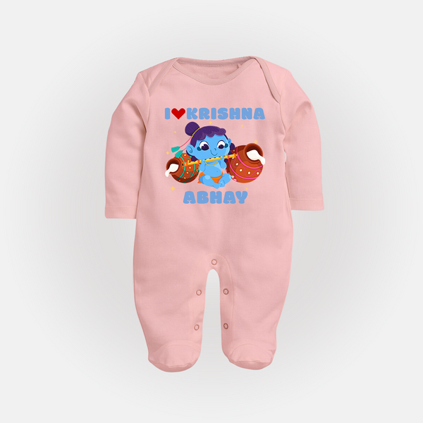 I Love Krishna Sleep Suit | Custom Baby Sleep Suit for Krishna Fans - BABY PINK - New Born (Chest 7.5")