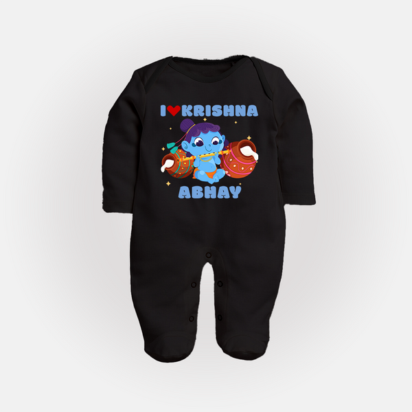 I Love Krishna Sleep Suit | Custom Baby Sleep Suit for Krishna Fans - BLACK - New Born (Chest 7.5")