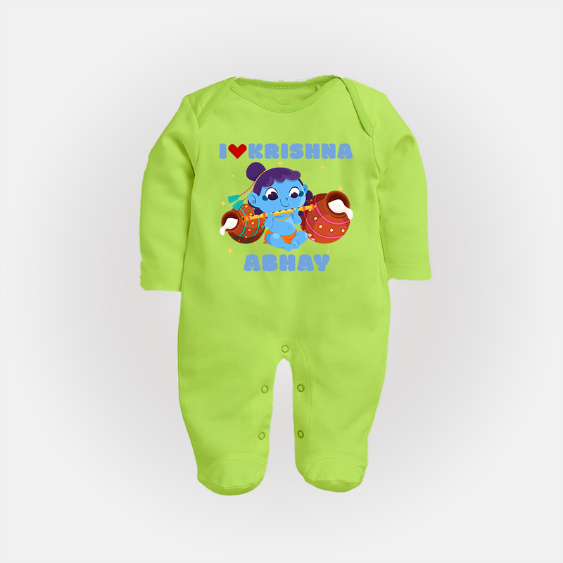 I Love Krishna Sleep Suit | Custom Baby Sleep Suit for Krishna Fans - LIME GREEN - New Born (Chest 7.5")