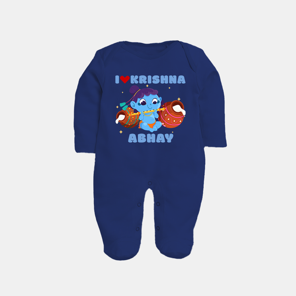 I Love Krishna Sleep Suit | Custom Baby Sleep Suit for Krishna Fans - NAVY BLUE - New Born (Chest 7.5")