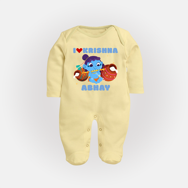I Love Krishna Sleep Suit | Custom Baby Sleep Suit for Krishna Fans - PASTEL YELLOW - New Born (Chest 7.5")