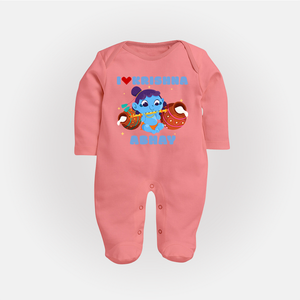 I Love Krishna Sleep Suit | Custom Baby Sleep Suit for Krishna Fans - PEACH - New Born (Chest 7.5")