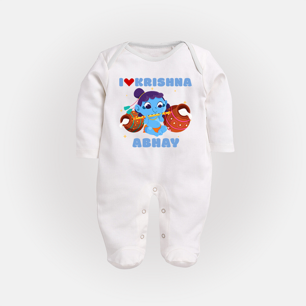 I Love Krishna Sleep Suit | Custom Baby Sleep Suit for Krishna Fans - WHITE - New Born (Chest 7.5")