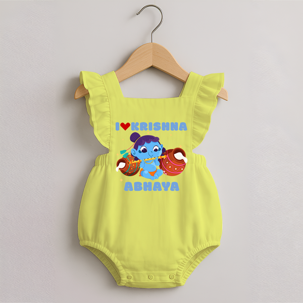 I Love Krishna Romper Frock | Custom Baby Romper Frock for Krishna Fans - PASTEL YELLOW - 0 - 3 Months Old (Chest 19")
