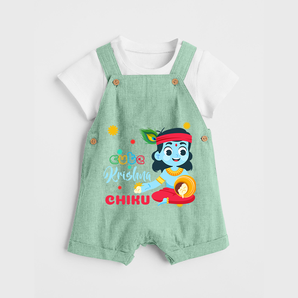 Cute Krishna Dungaree Set | Personalized Baby Dungaree Set for Krishna Lovers - MINT GREEN - 0 - 5 Months Old (Chest 18")