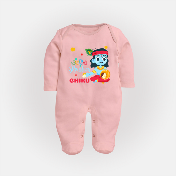 Cute Krishna Sleep Suit | Personalized Baby Sleep Suit for Krishna Lovers - BABY PINK - New Born (Chest 7.5")
