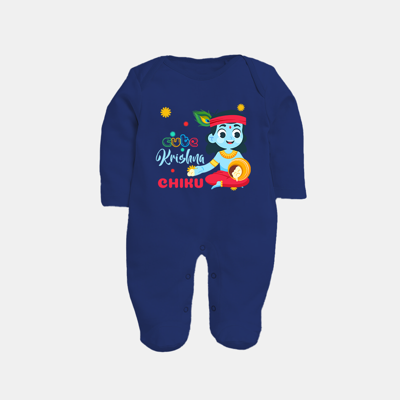 Cute Krishna Sleep Suit | Personalized Baby Sleep Suit for Krishna Lovers - NAVY BLUE - New Born (Chest 7.5")