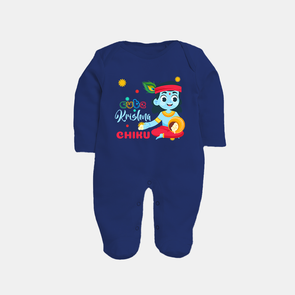 Cute Krishna Sleep Suit | Personalized Baby Sleep Suit for Krishna Lovers - NAVY BLUE - New Born (Chest 7.5")