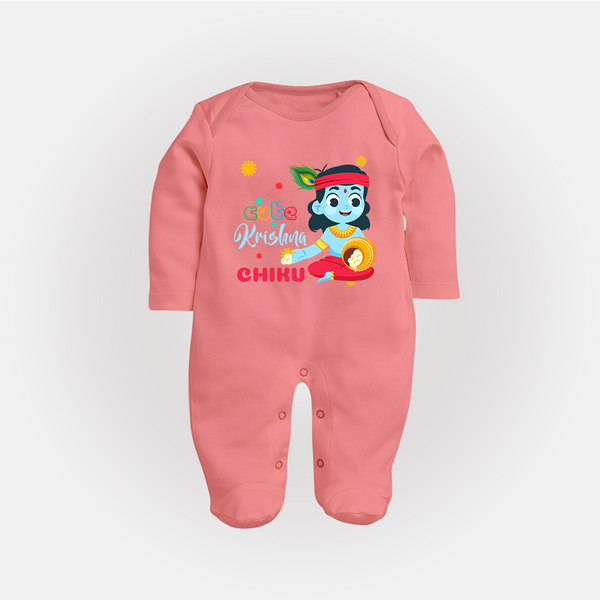 Cute Krishna Sleep Suit | Personalized Baby Sleep Suit for Krishna Lovers - PEACH - New Born (Chest 7.5")