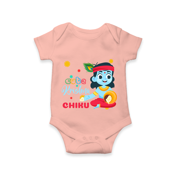 Cute Krishna Romper | Personalized Baby Romper for Krishna Lovers - PEACH - New Born (Chest 14")