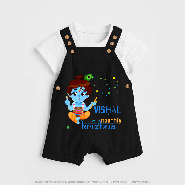 Naughty Krishna Dungaree Set | Custom Baby Dungaree Set for Krishna Enthusiasts - BLACK - 0 - 5 Months Old (Chest 18")