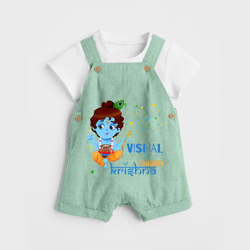 Naughty Krishna Dungaree Set | Custom Baby Dungaree Set for Krishna Enthusiasts - MINT GREEN - 0 - 5 Months Old (Chest 18")