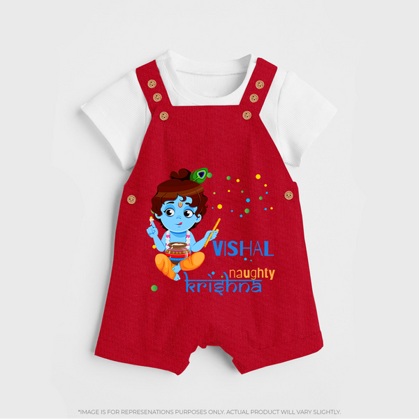 Naughty Krishna Dungaree Set | Custom Baby Dungaree Set for Krishna Enthusiasts - RED - 0 - 5 Months Old (Chest 18")