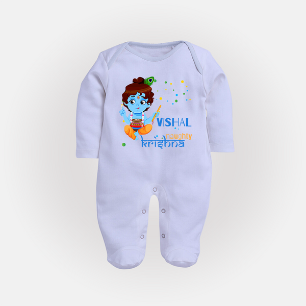 Naughty Krishna Sleep Suit | Custom Baby Sleep Suit for Krishna Enthusiasts - BABY BLUE - New Born (Chest 7.5")